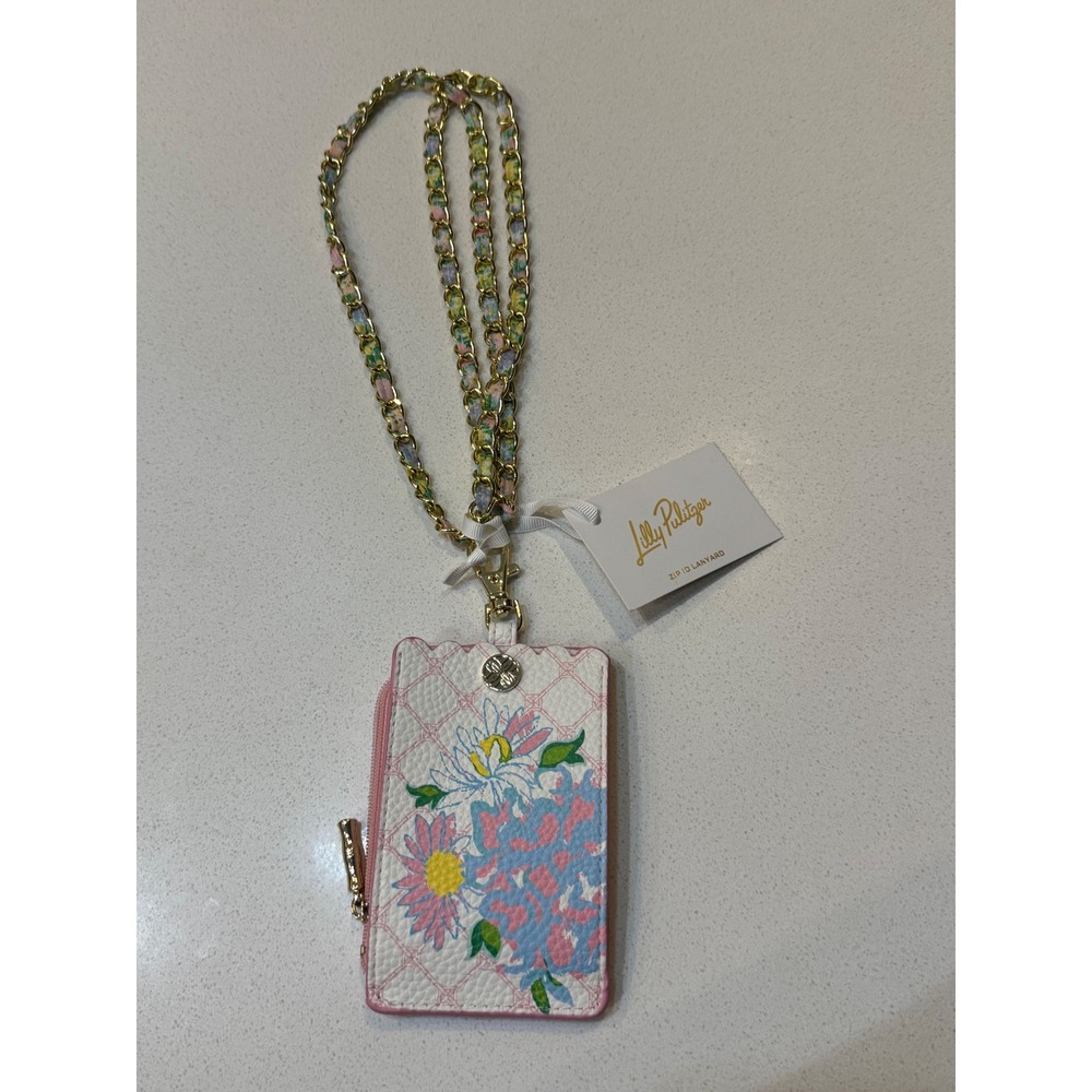 Lilly Pulitzer Zip ID Lanyard Lilly Garden Floral White Pink Gold Chain NEW